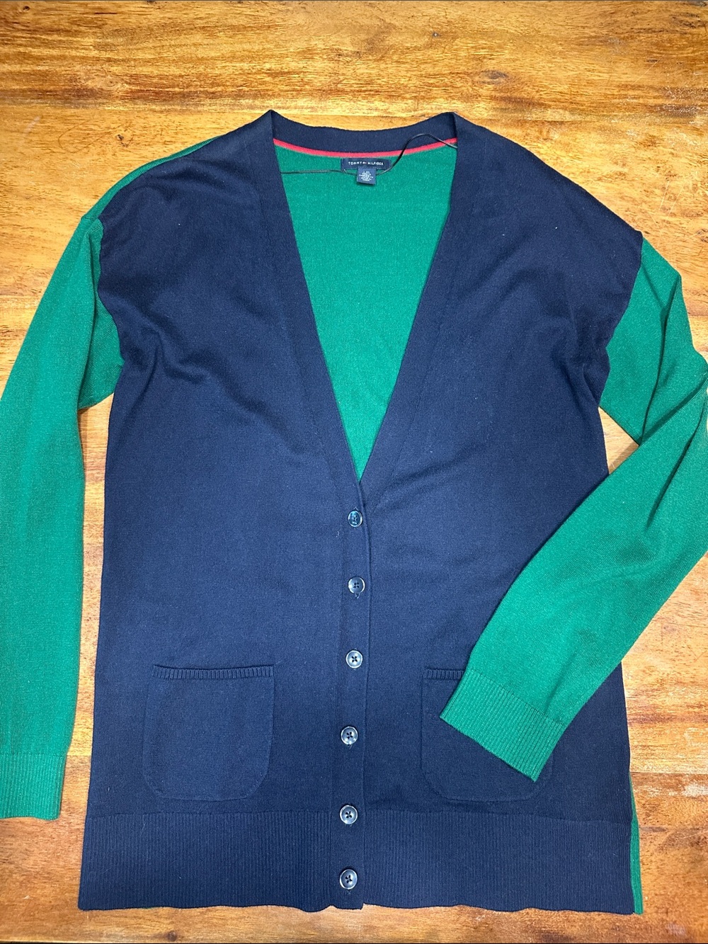 Tommy Hilfiger Two-Tone Navy and Green Button Cardigan Sweater